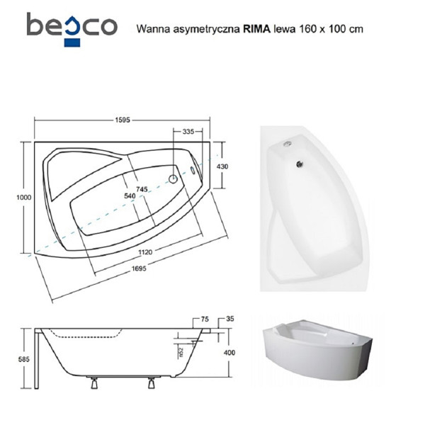 Ванна акрилова асиметрична Rima 160x100 L