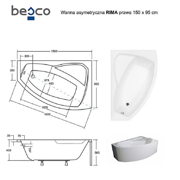 Ванна акриловая асимметричная Rima 150X95 R