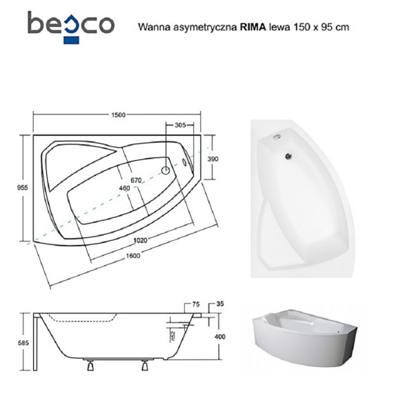 Ванна акрилова асиметрична Rima 150x95 L