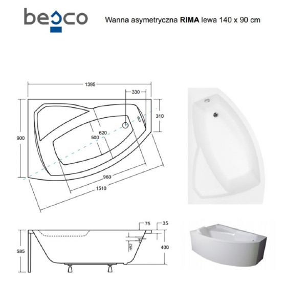 Ванна акрилова асиметрична Rima 140x90 L