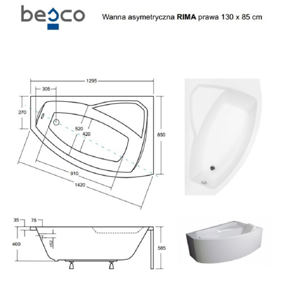Ванна акрилова асиметрична Rima 130x85 R