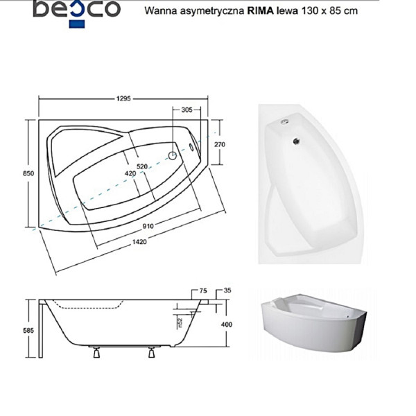 Ванна акрилова асиметрична Rima 130x85 L