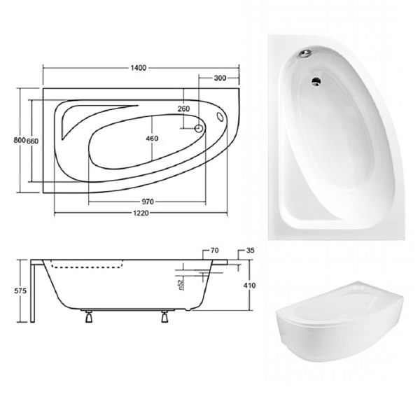 Ванна акрилова асиметрична Cornea 140x80 L з ногами і панеллю