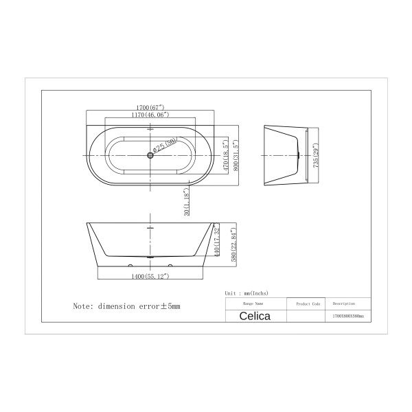 Ванна акриловая отдельностоящая Celica WB 170 * 80 * 58