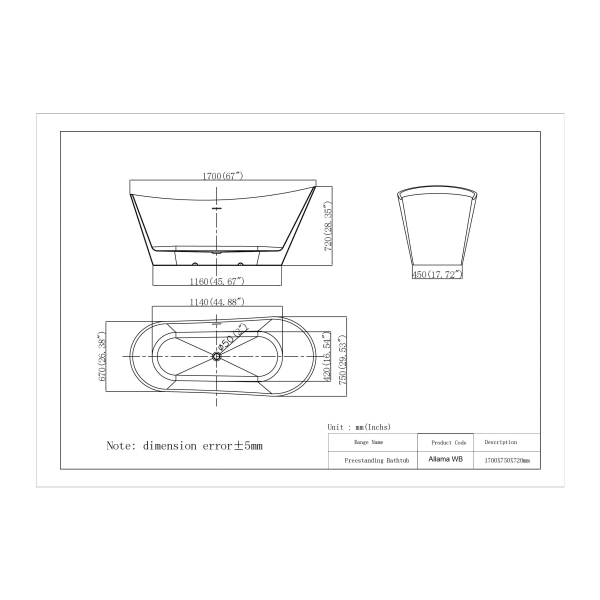 Ванна акриловая отдельностоящая Allama WB 170 * 75 * 72